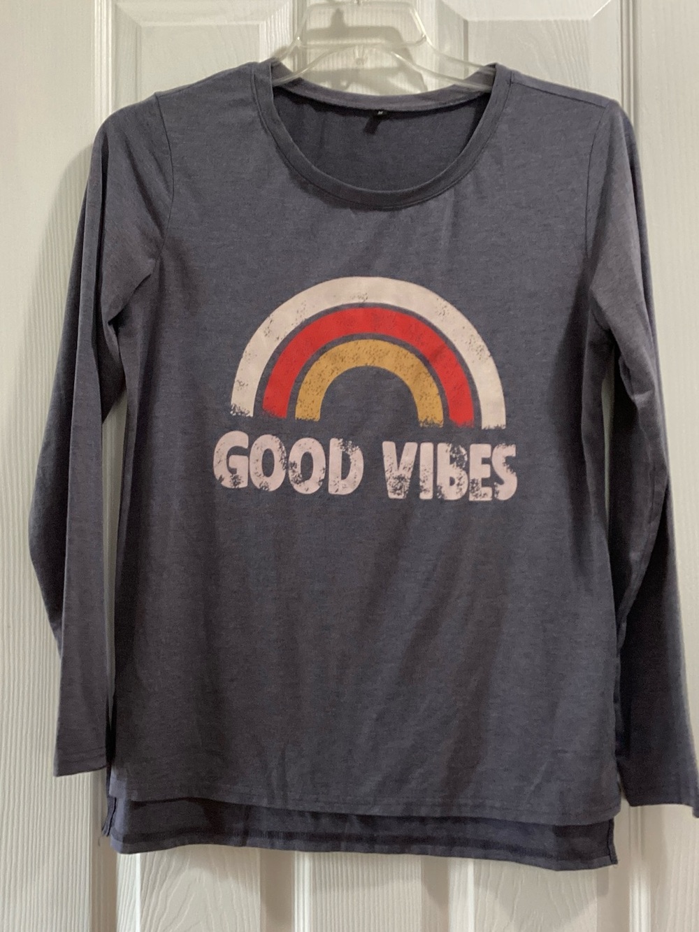 Source Unknown Charcoal Long-Sleeve Tee with Retro Rainbow & Good Vibes